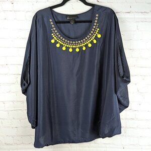 Lane Bryant Navy Beaded Neck Poncho Blouse 14/16 1X